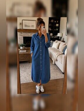 Quince Distressed Denim Maxi Shirt Dress XS
